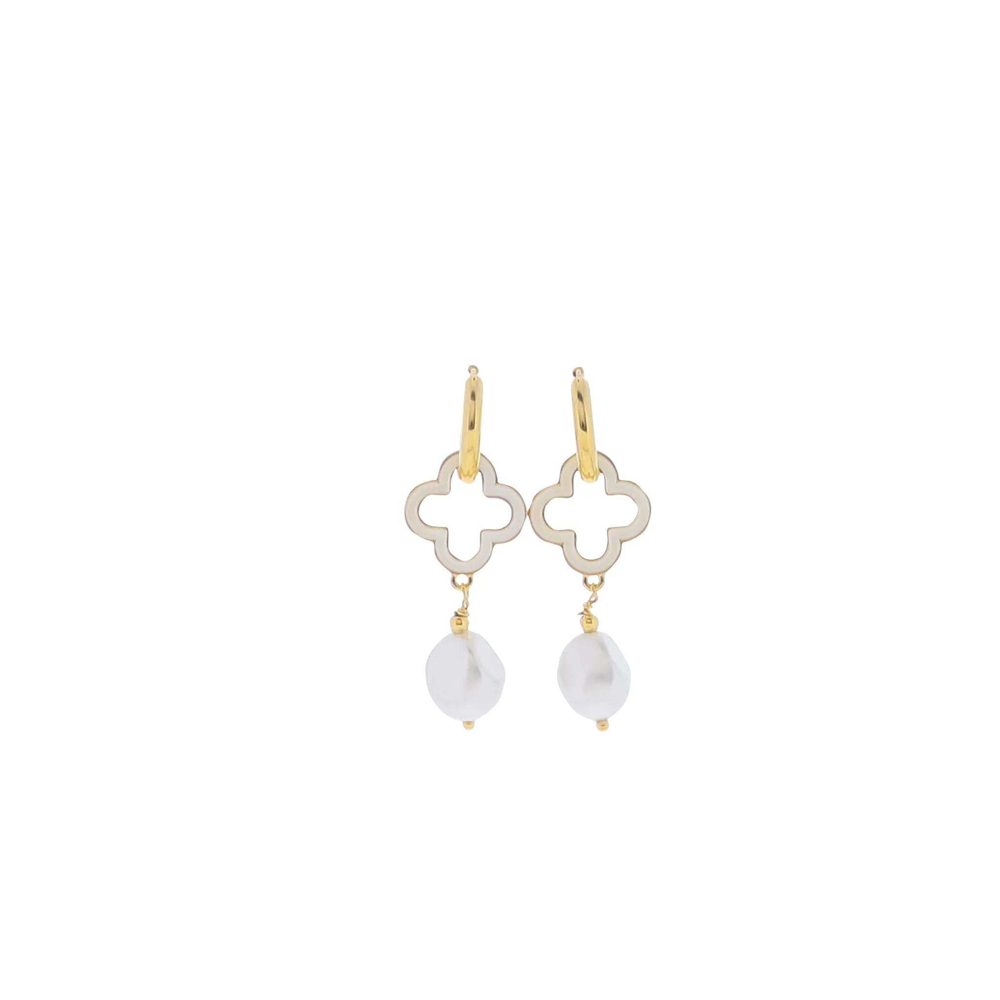 18K Gold Plated Huggie with White Enamel Quatrefoil & Pearl Drop Earring sold by Charming Charlie