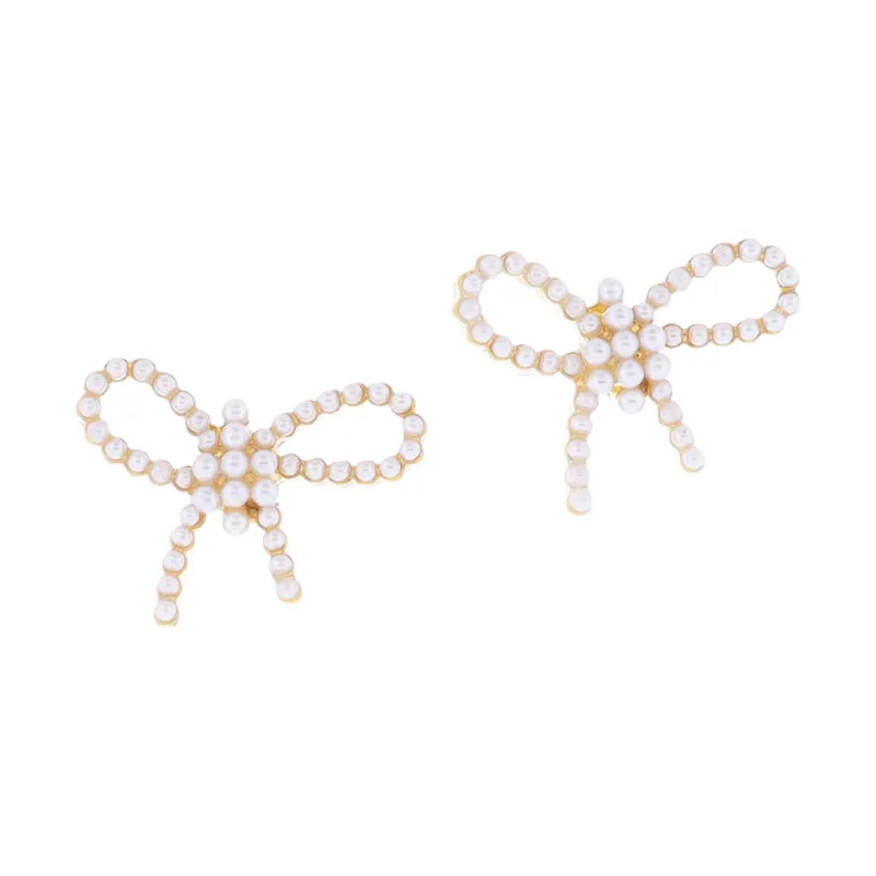 18K Gold Plated Pave Pearl Bow Earrings sold by Charming Charlie