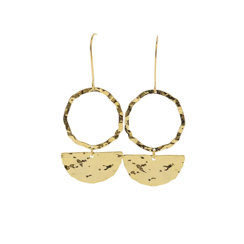 18K Gold Plated Gold Threader wit Hammered Open Circle Earrings with Gold Hammered Half Circle sold by Charming Charlie
