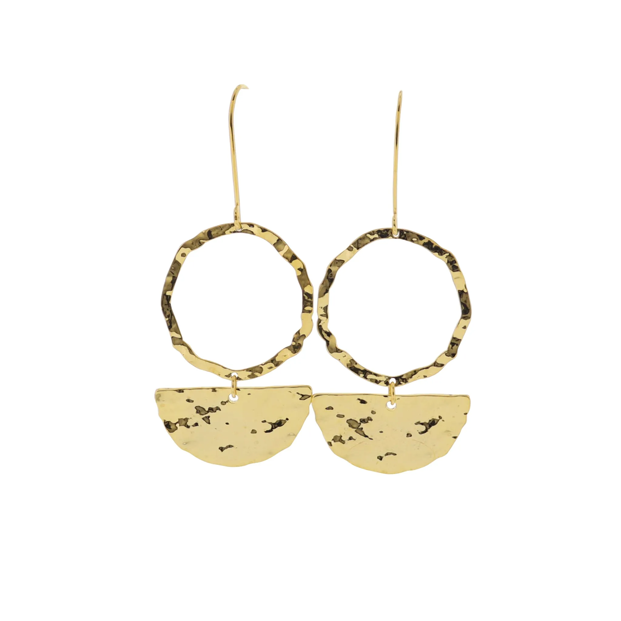 18K Gold Plated Gold Threader wit Hammered Open Circle Earrings with Gold Hammered Half Circle sold by Charming Charlie