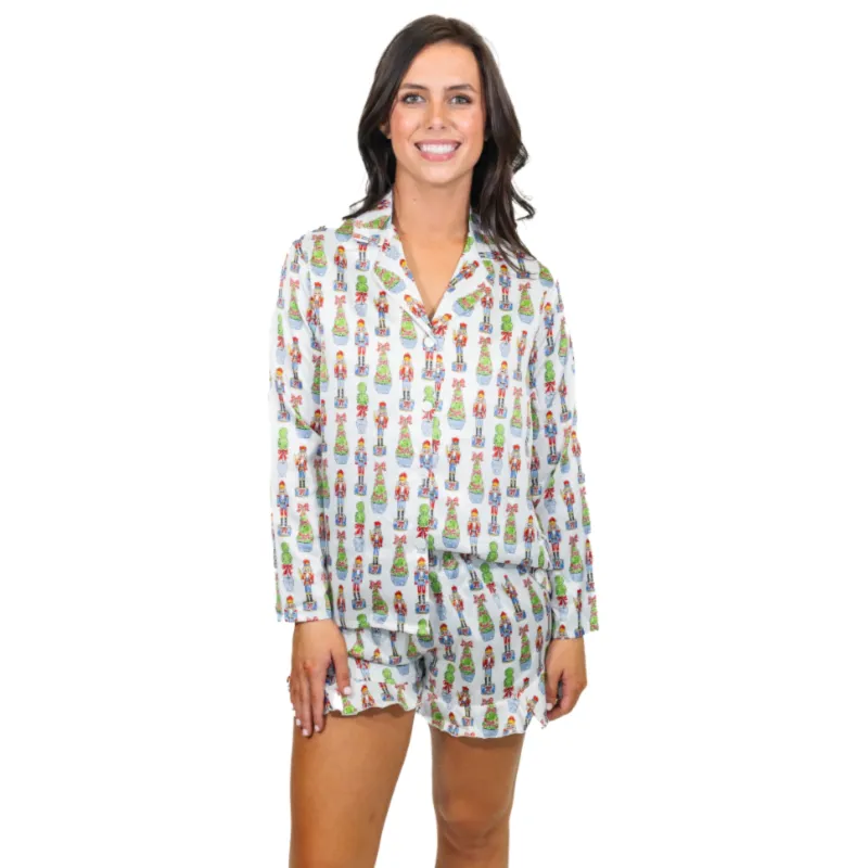 Festive Nutcracker Satin Pajama Long Sleeve Short Set sold by Charming Charlie