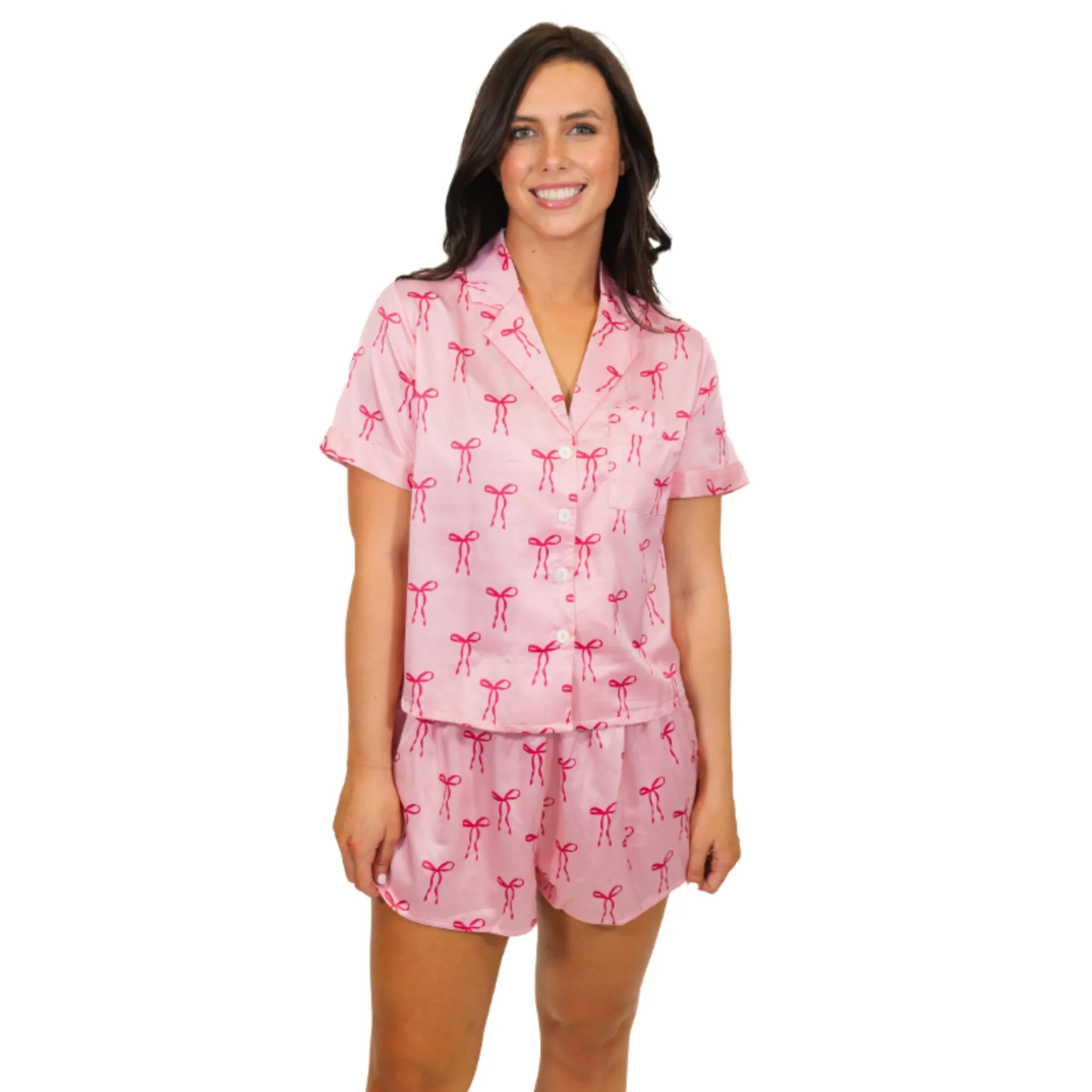 Tied with a Bow Satin Pajama Short Set sold by Charming Charlie