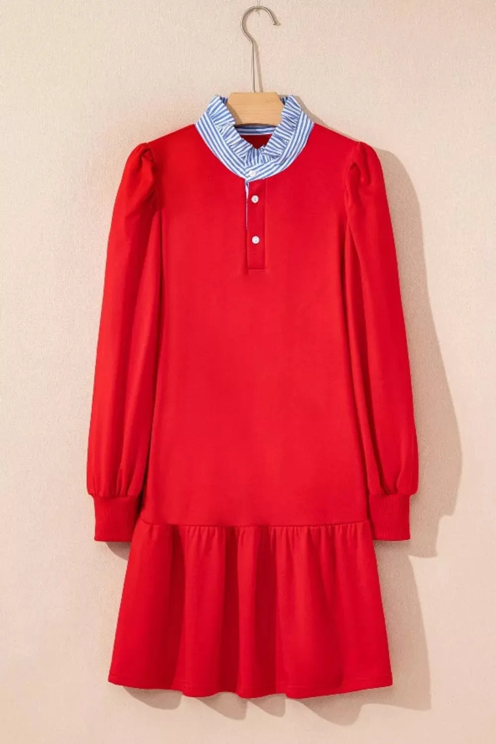 Contrast Striped Collar Patchwork Puff Sleeve Ruffle Hem Mini Dress sold by Charming Charlie product image thumbnail 2