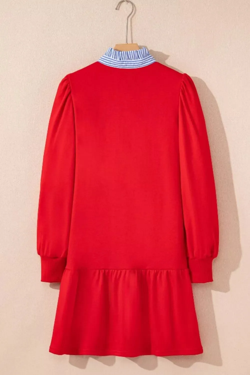 Contrast Striped Collar Patchwork Puff Sleeve Ruffle Hem Mini Dress sold by Charming Charlie product image thumbnail 3