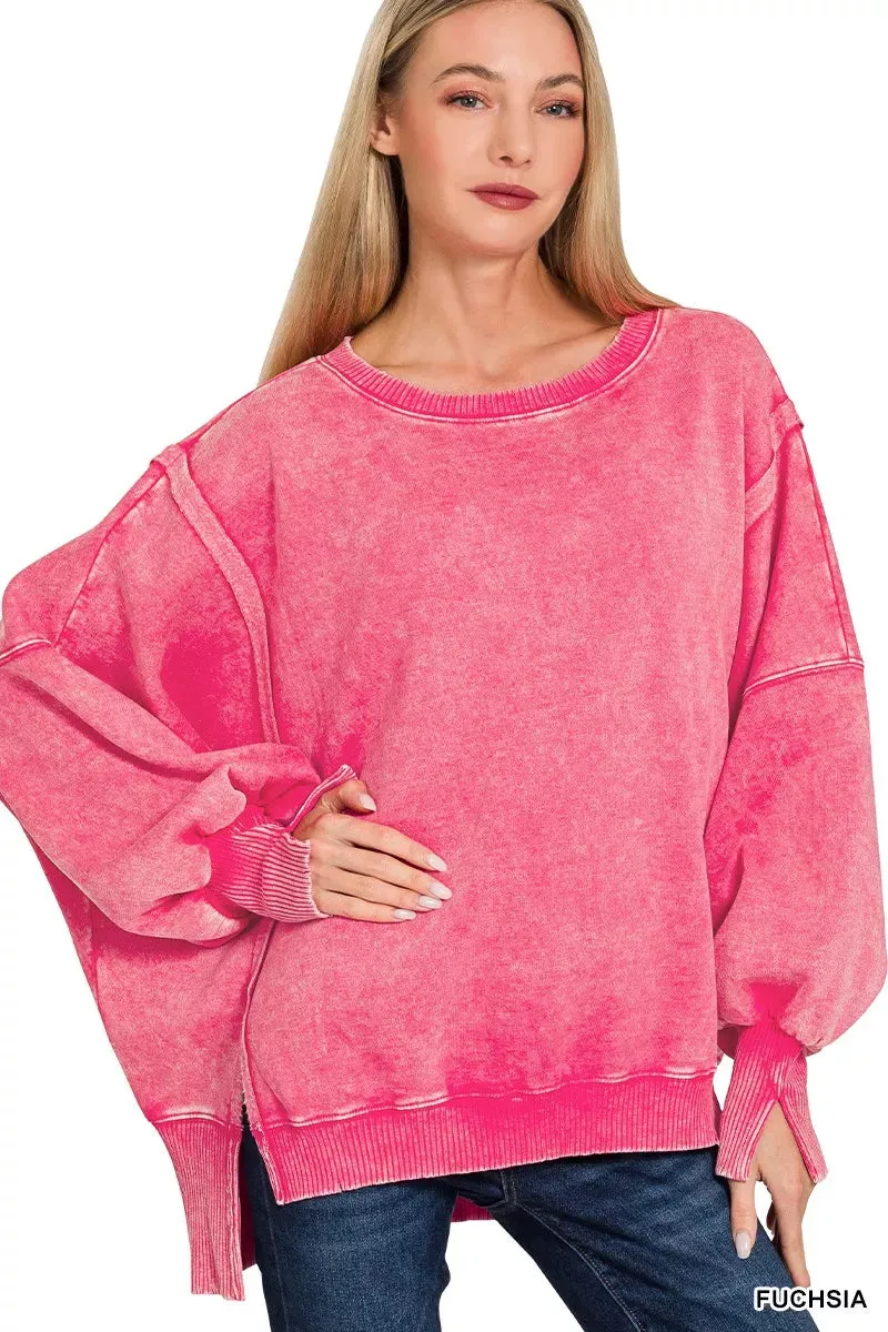 Zenana Acid Washed Batwing Sleeve Fleece Sweatshirt sold by Charming Charlie