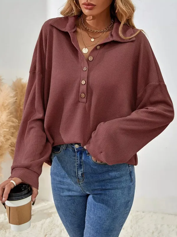 Button-Front Waffle Knit Polo Sweatshirt sold by Charming Charlie