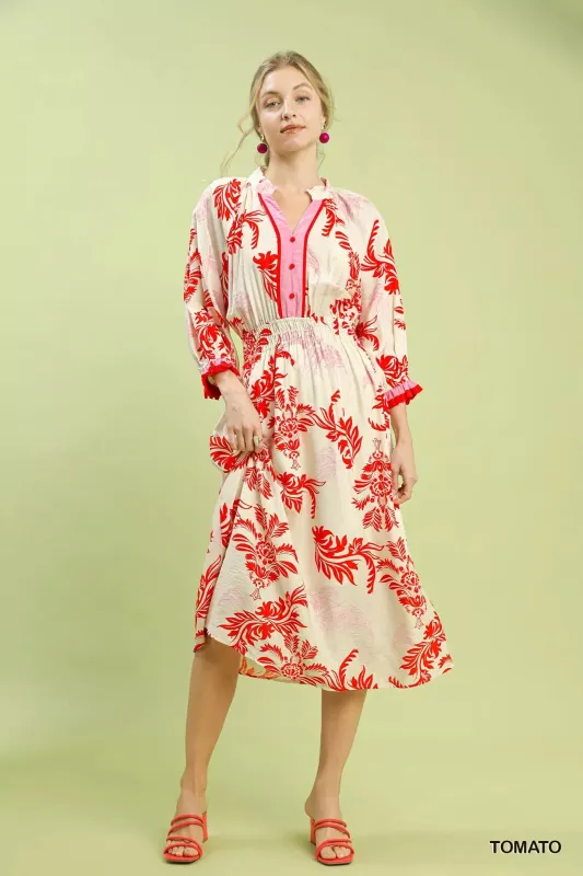 Umgee Tropical Print Button Detail Midi Dress sold by Charming Charlie
