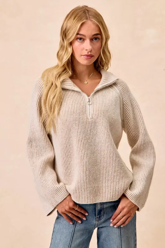 BiBi Two Tone Rib Texured Knit Collared Top with Zip Up sold by Charming Charlie