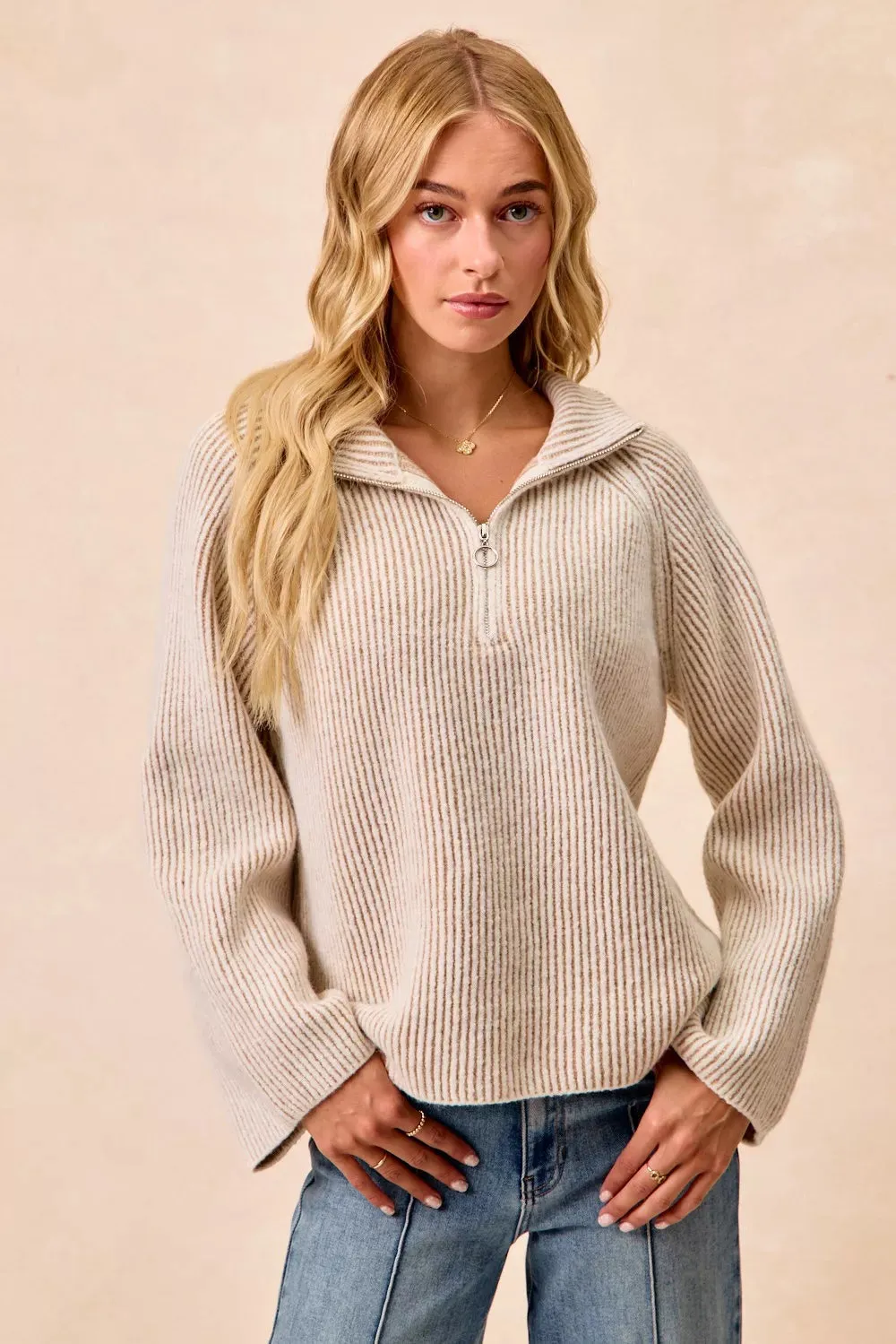 BiBi Two Tone Rib Texured Knit Collared Top with Zip Up sold by Charming Charlie