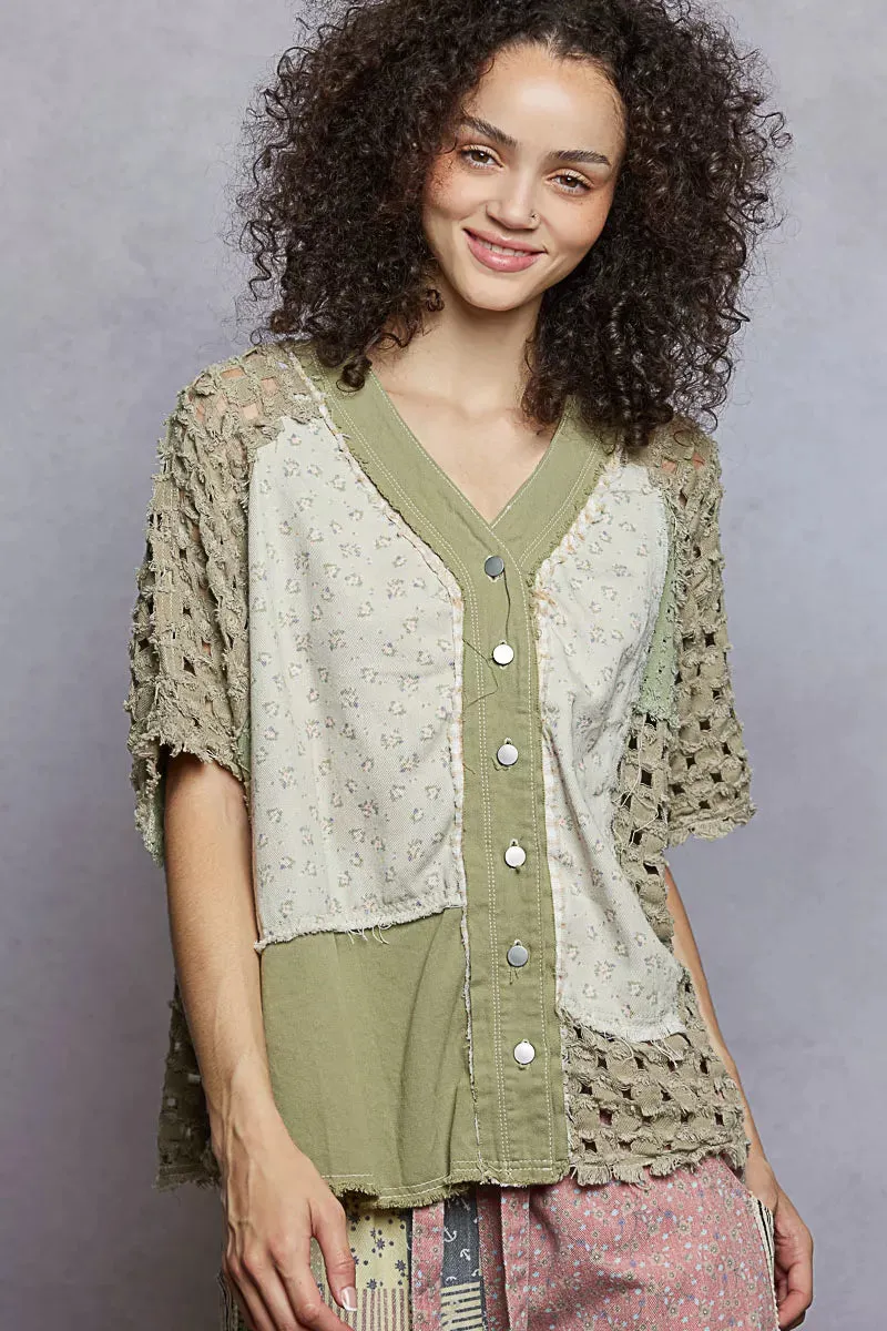POL Button Down V-Neck Jacket with Printed Woven Patchwork sold by Charming Charlie product image thumbnail 2
