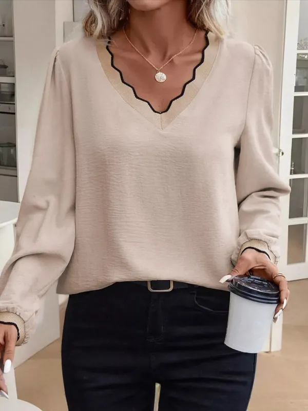 Contrast Scallop Trim V Neck Long Sleeve Blouse sold by Charming Charlie
