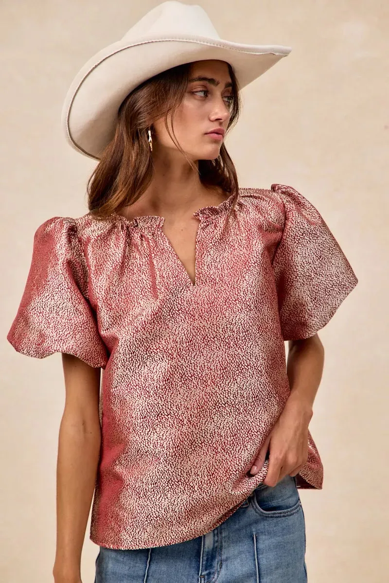 BiBi Jacquard Woven Short Balloon Sleeves V Neck Top sold by Charming Charlie product image thumbnail 3