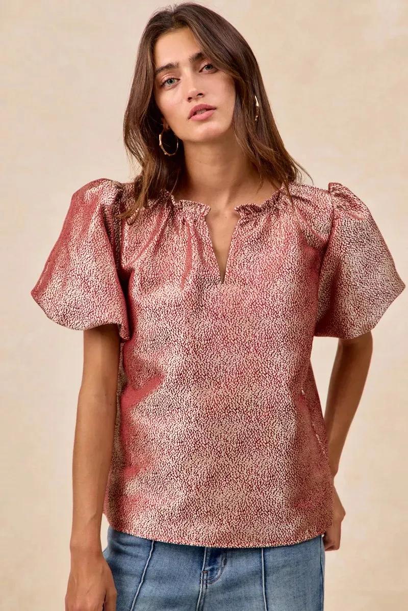 BiBi Jacquard Woven Short Balloon Sleeves V Neck Top sold by Charming Charlie