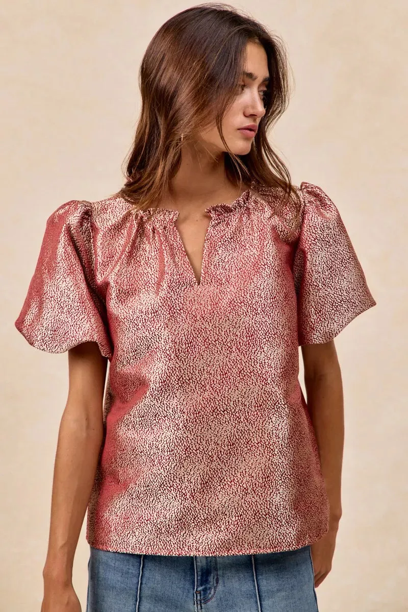 BiBi Jacquard Woven Short Balloon Sleeves V Neck Top sold by Charming Charlie product image thumbnail 5