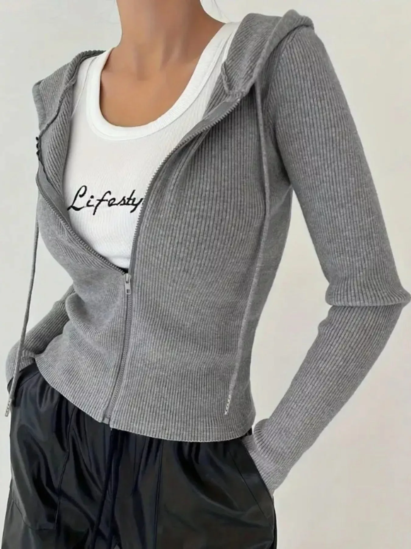 Ribbed Knit Zip-Up Hooded Cardigan sold by Charming Charlie product image thumbnail 2