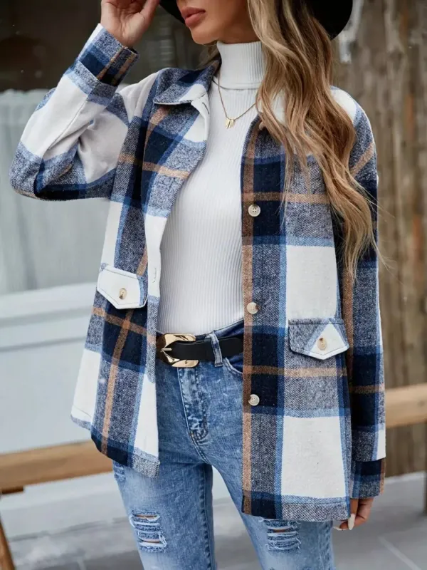 Plaid Button-Up Long Sleeve Shacket sold by Charming Charlie