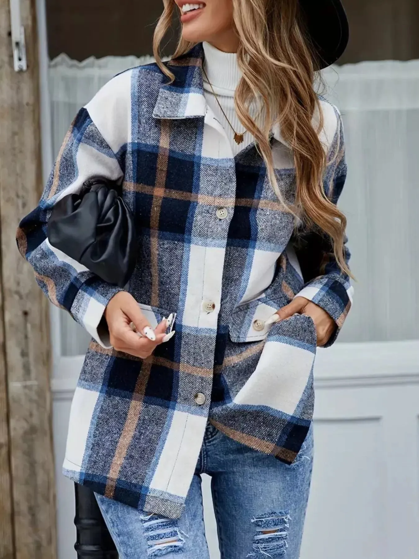 Plaid Button-Up Long Sleeve Shacket sold by Charming Charlie product image thumbnail 2
