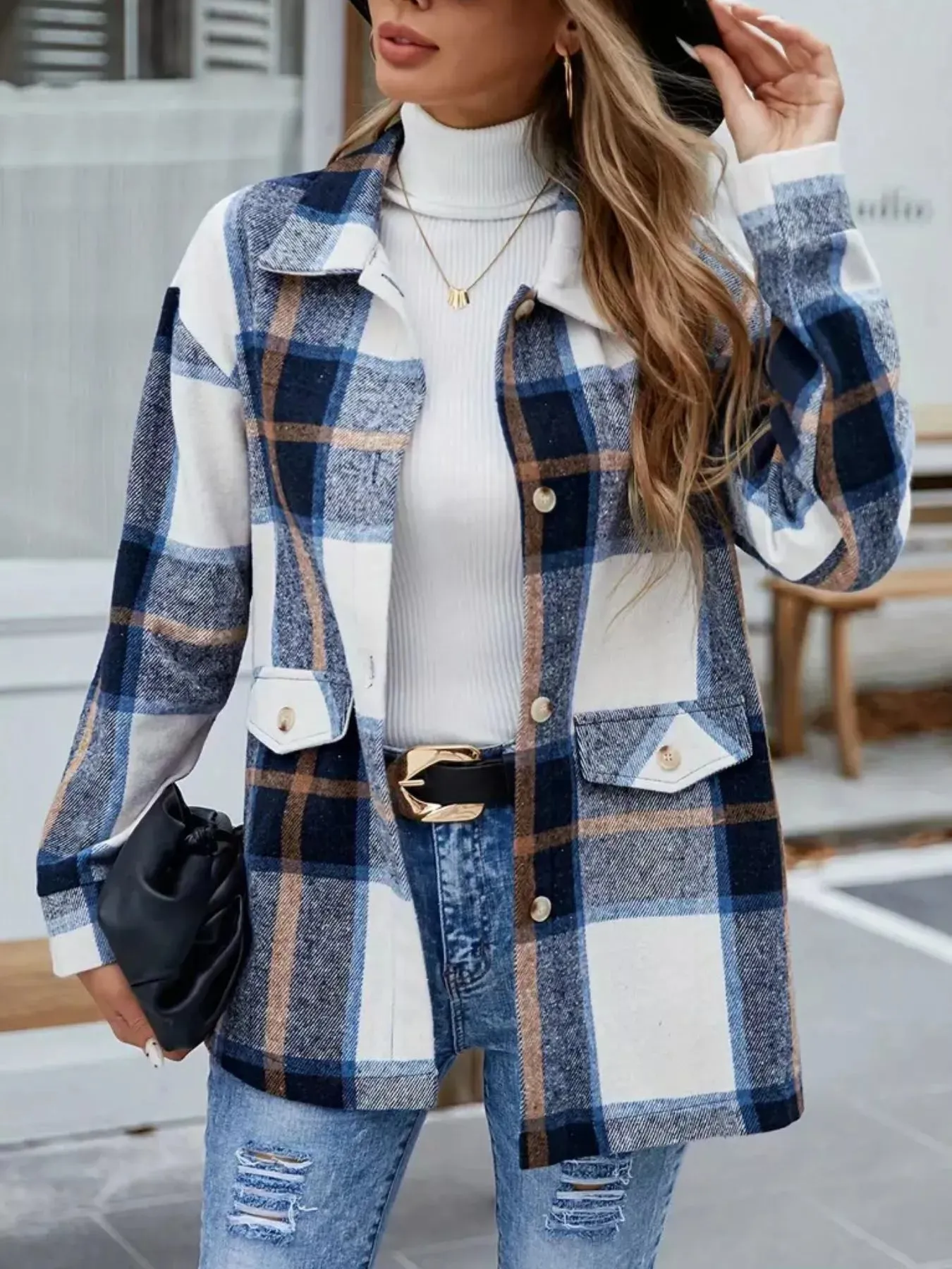 Plaid Button-Up Long Sleeve Shacket sold by Charming Charlie product image thumbnail 3