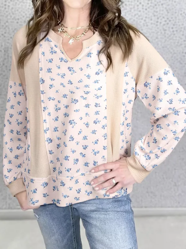 Waffle Knit Floral Color Block Patchwork Balloon Sleeves Oversized Top sold by Charming Charlie