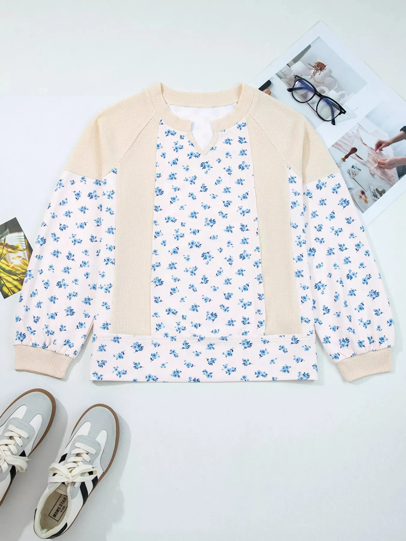 Waffle Knit Floral Color Block Patchwork Balloon Sleeves Oversized Top sold by Charming Charlie product image thumbnail 2