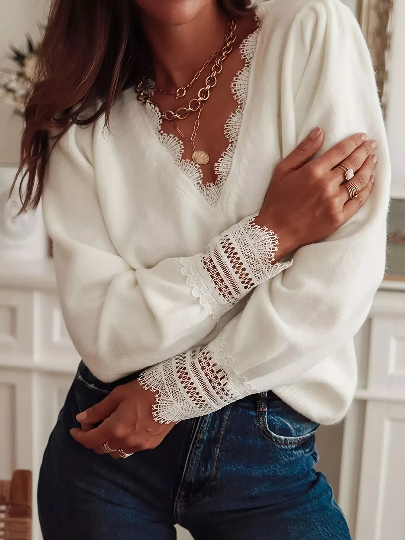Lace Trim V-Neck Sweater sold by Charming Charlie product image thumbnail 3