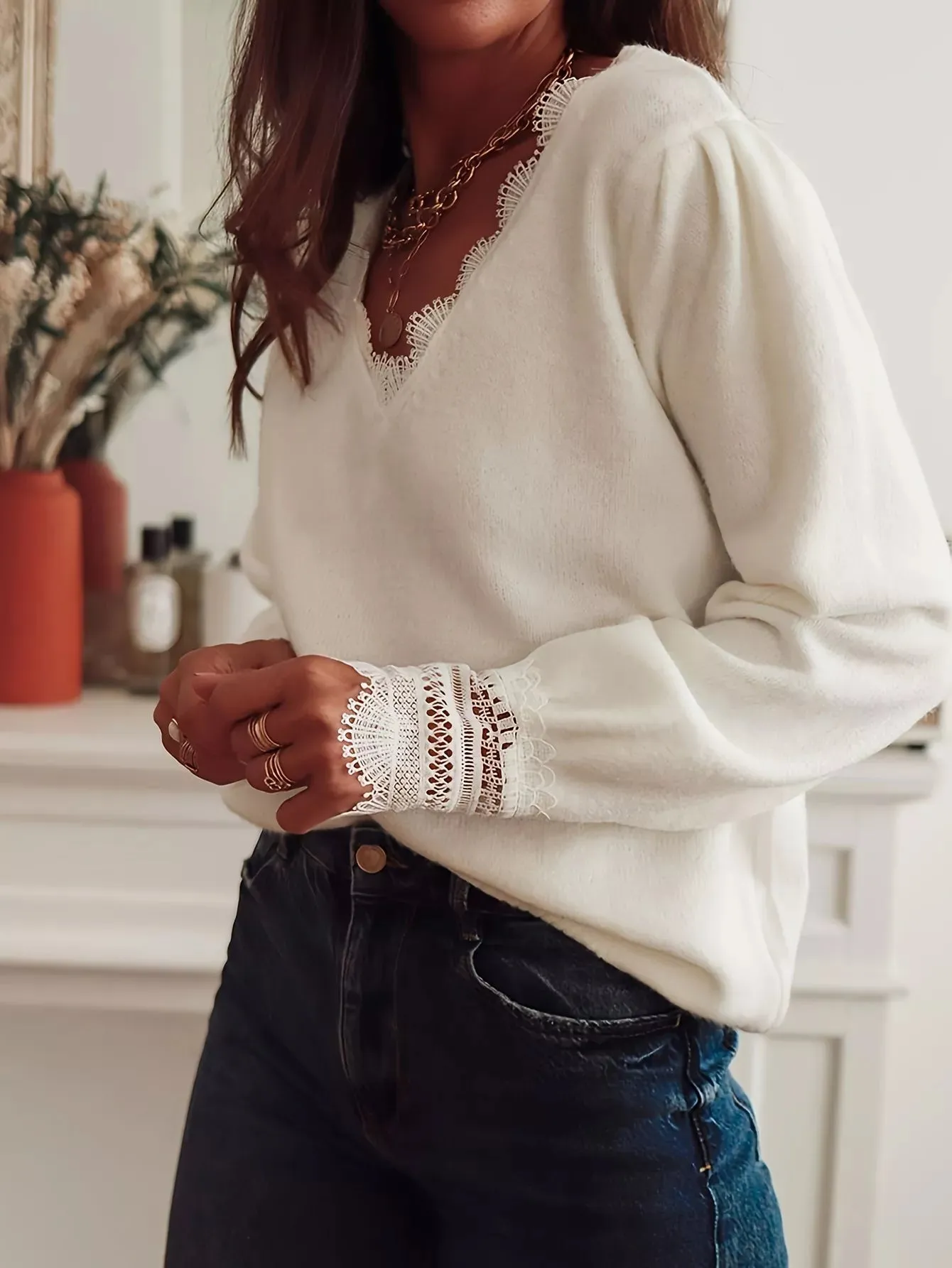 Lace Trim V-Neck Sweater sold by Charming Charlie product image thumbnail 4