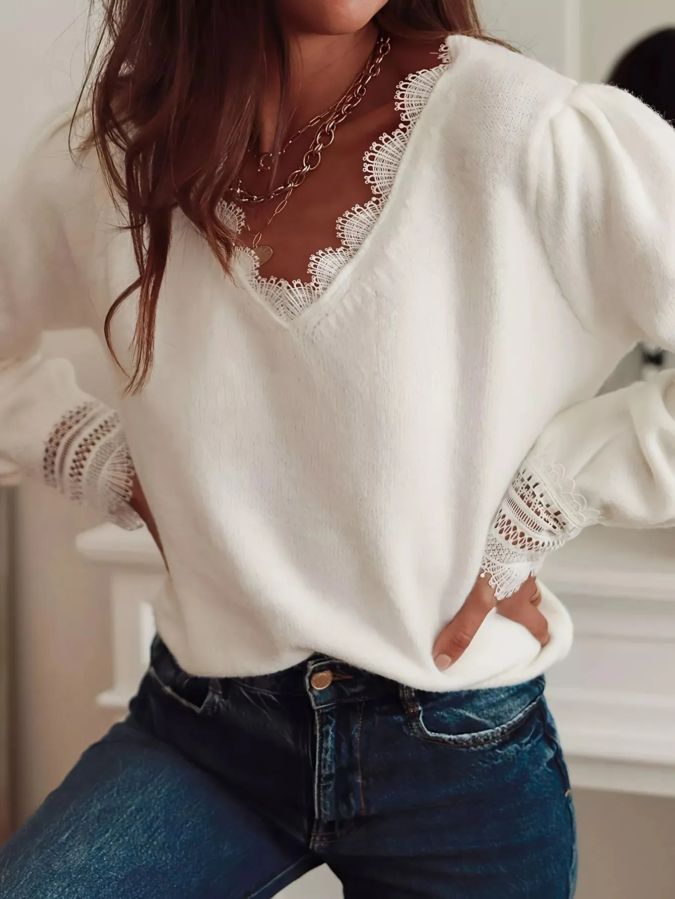 Lace Trim V-Neck Sweater sold by Charming Charlie