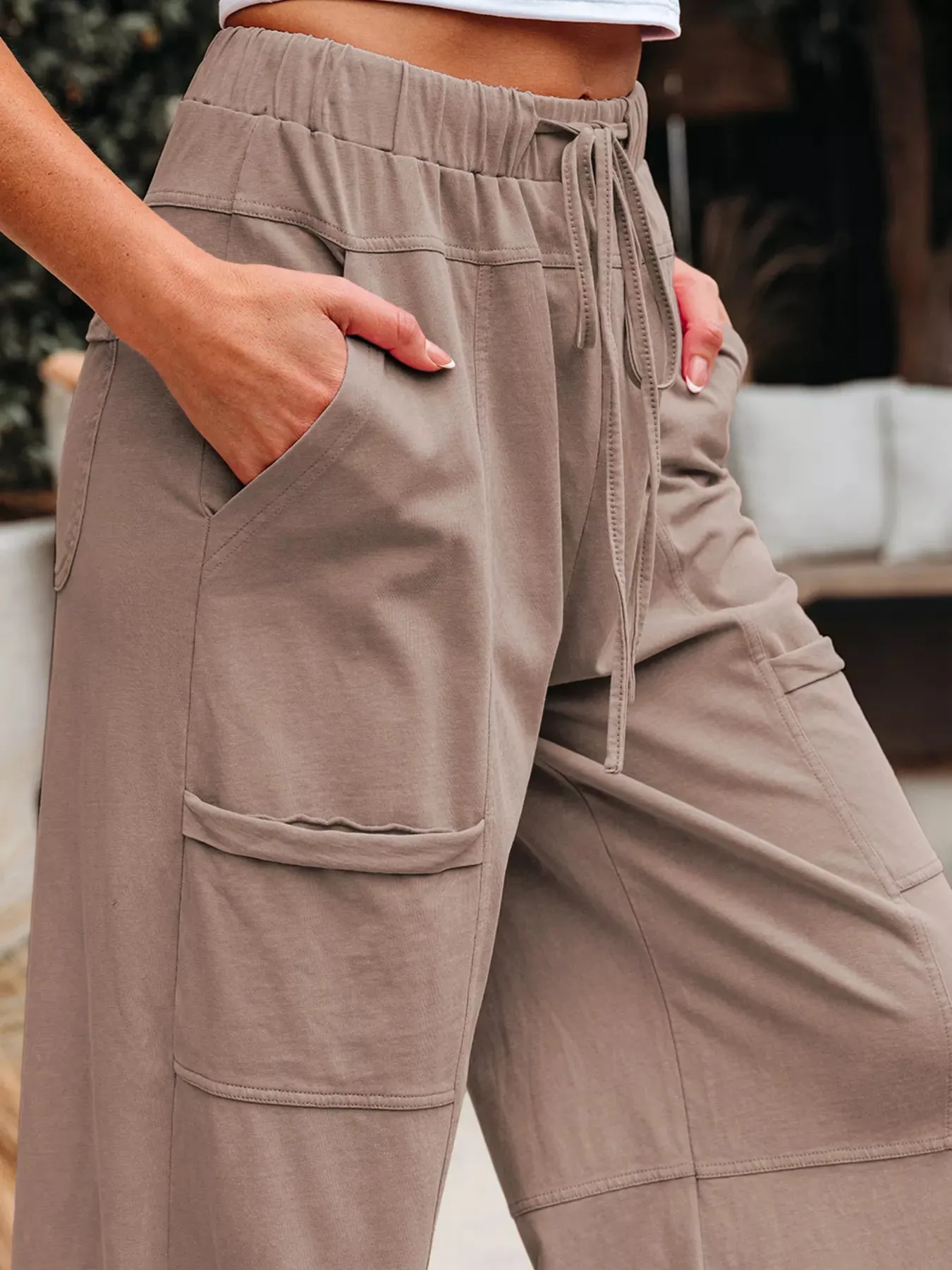 Mineral Wash Exposed Seam Drawstring Elastic Waistband Wide Leg Cargo Pants sold by Charming Charlie product image thumbnail 5