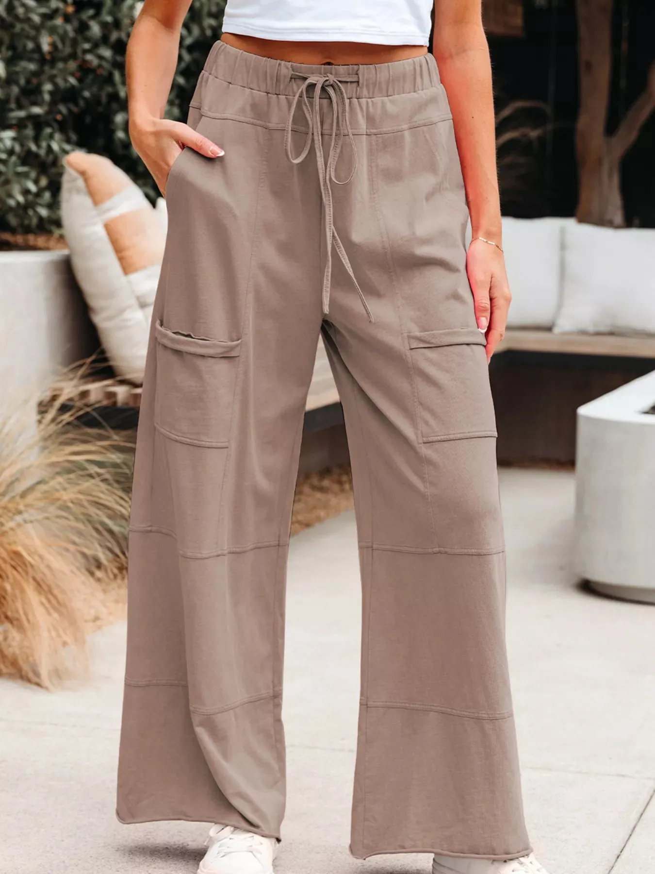 Mineral Wash Exposed Seam Drawstring Elastic Waistband Wide Leg Cargo Pants sold by Charming Charlie product image thumbnail 2