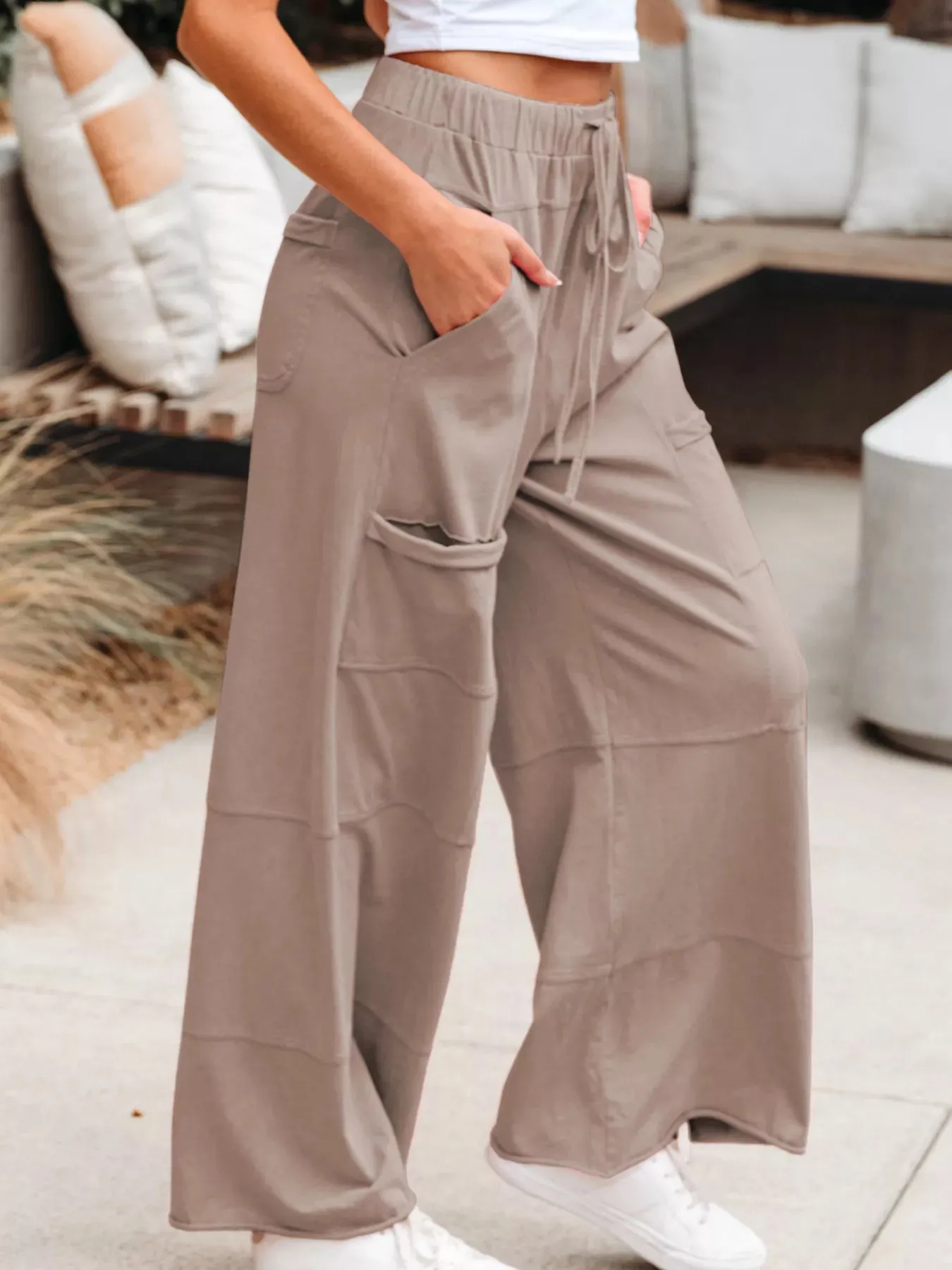Mineral Wash Exposed Seam Drawstring Elastic Waistband Wide Leg Cargo Pants sold by Charming Charlie product image thumbnail 4