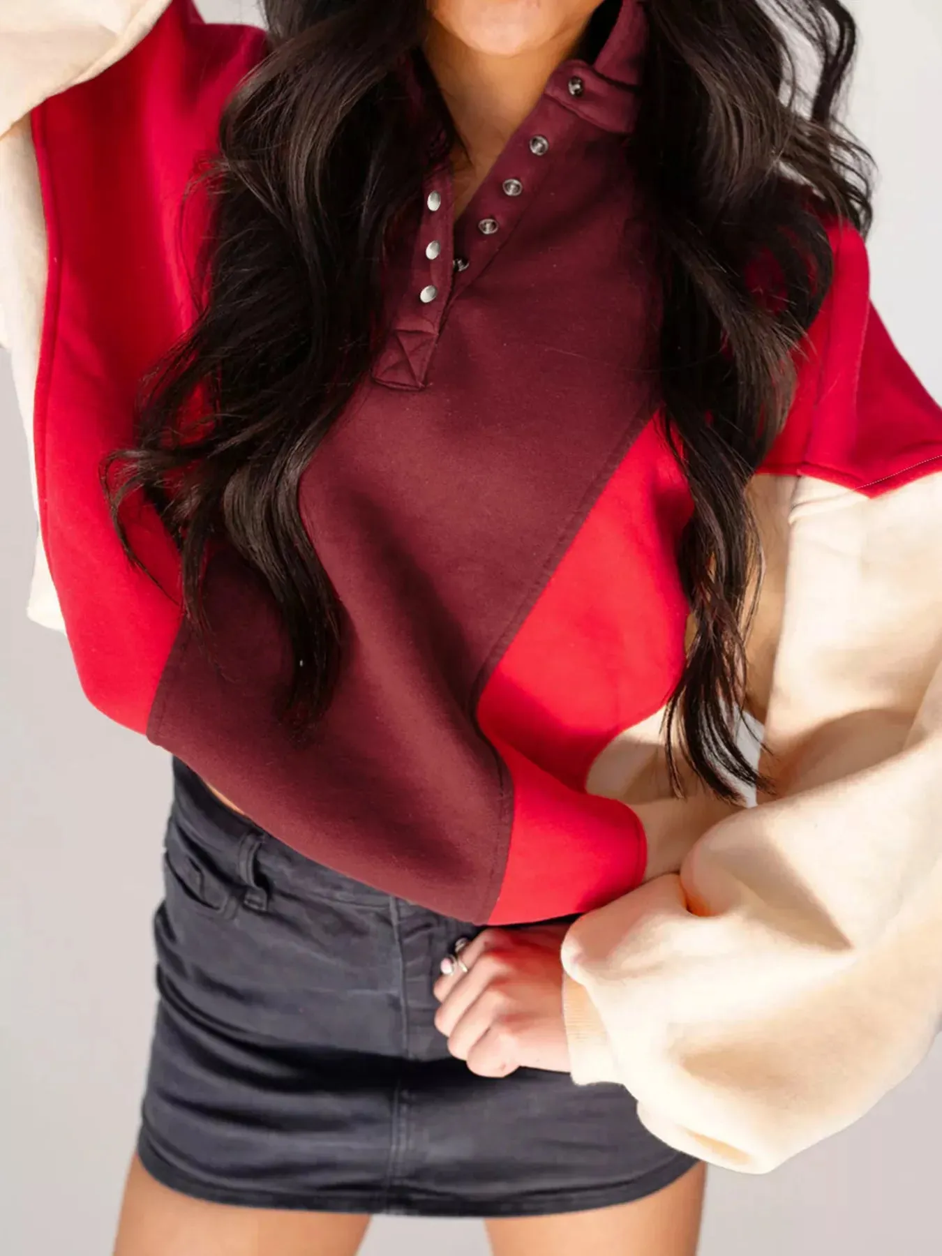 Color Block Patchwork Snap Button Oversize Hoodie sold by Charming Charlie product image thumbnail 2