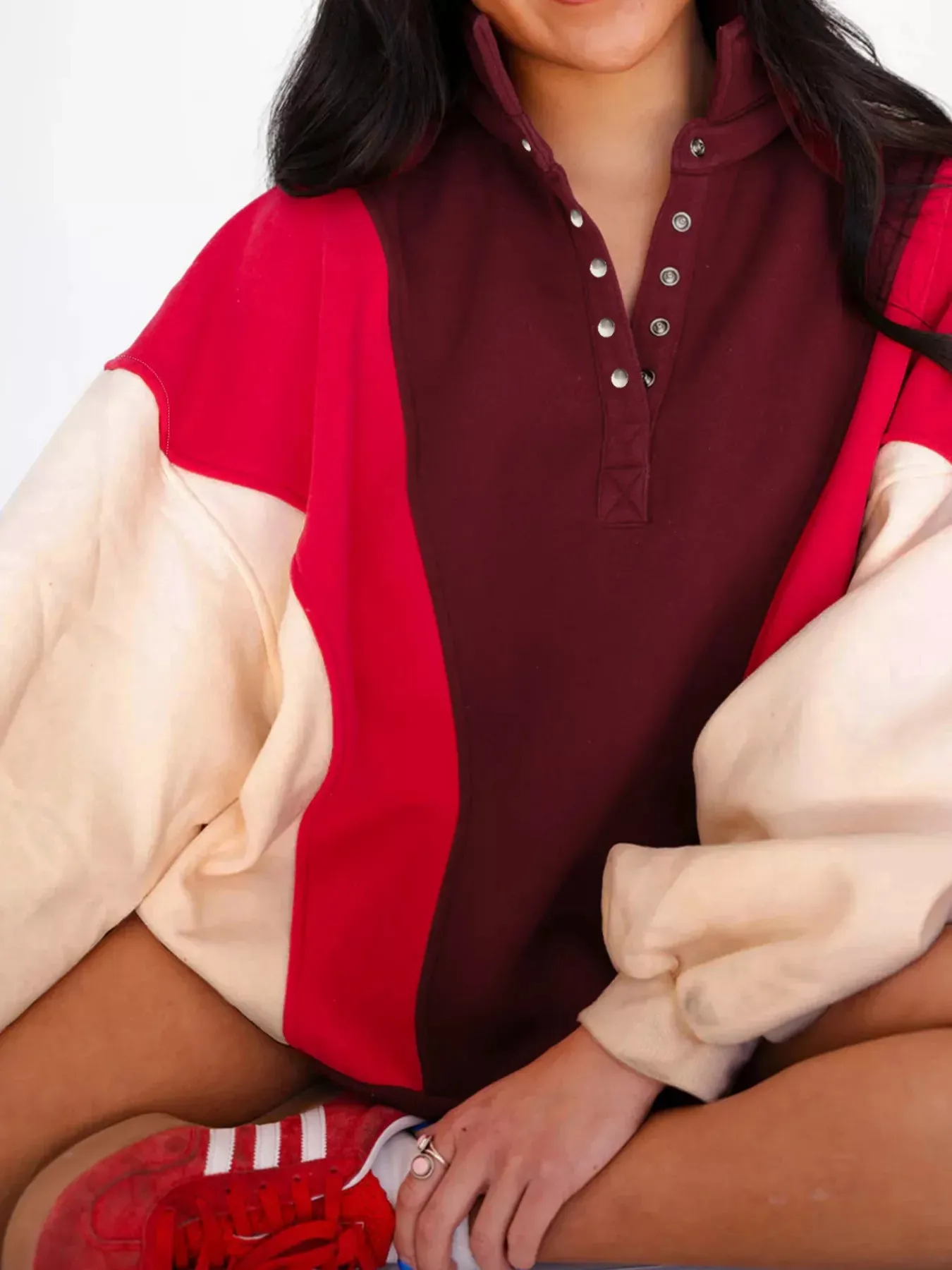 Color Block Patchwork Snap Button Oversize Hoodie sold by Charming Charlie product image thumbnail 3