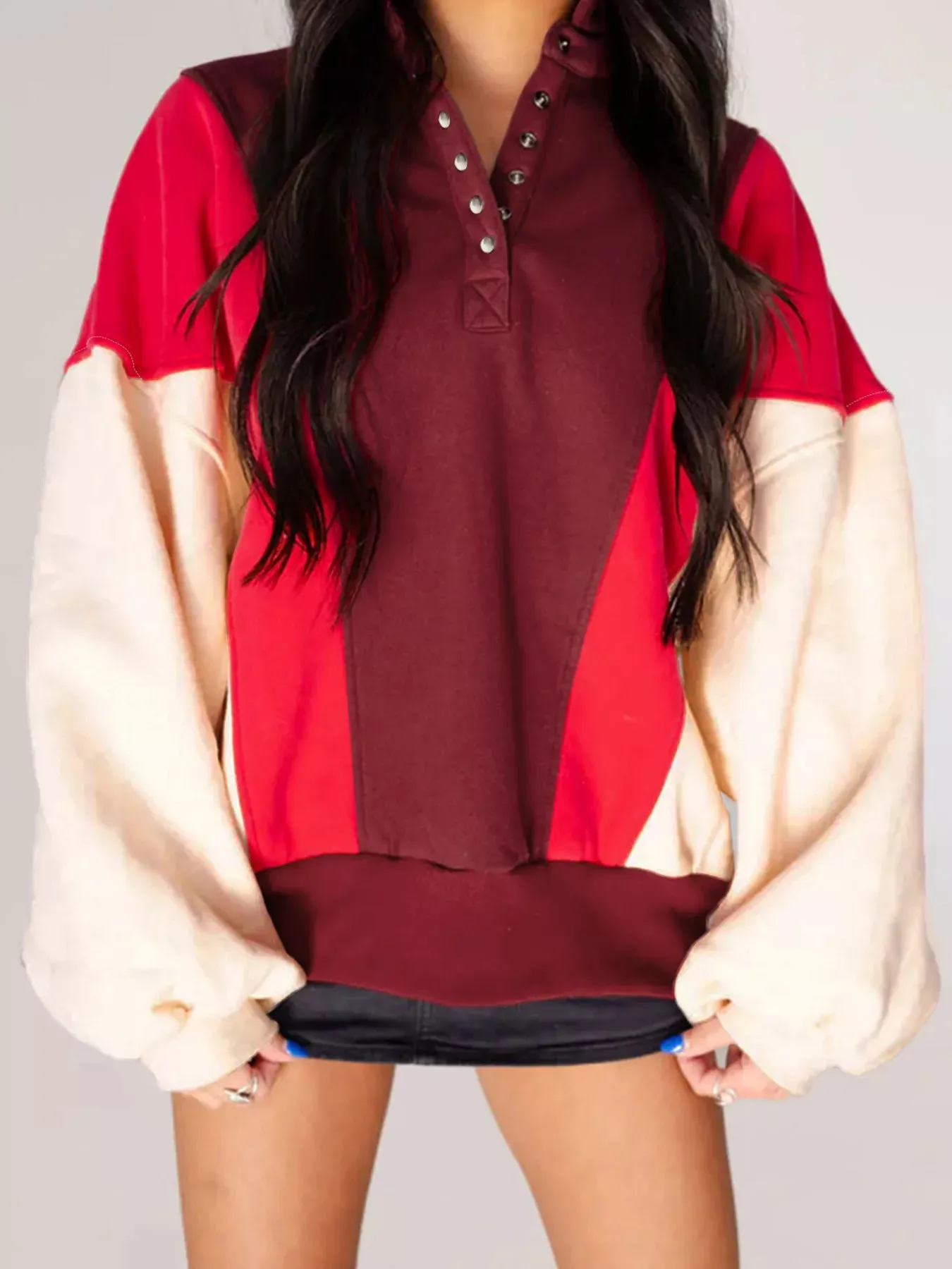 Color Block Patchwork Snap Button Oversize Hoodie sold by Charming Charlie