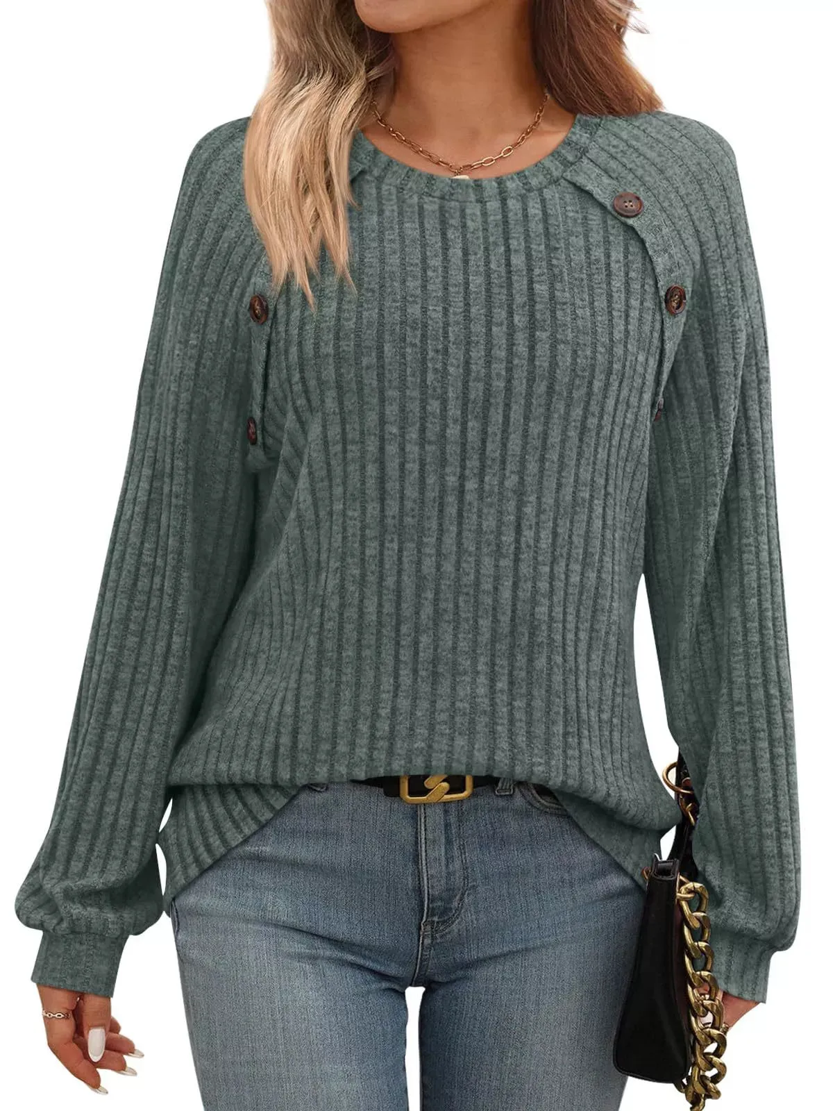 Ribbed Knit Decor Button Long Sleeve T-Shirt sold by Charming Charlie product image thumbnail 5