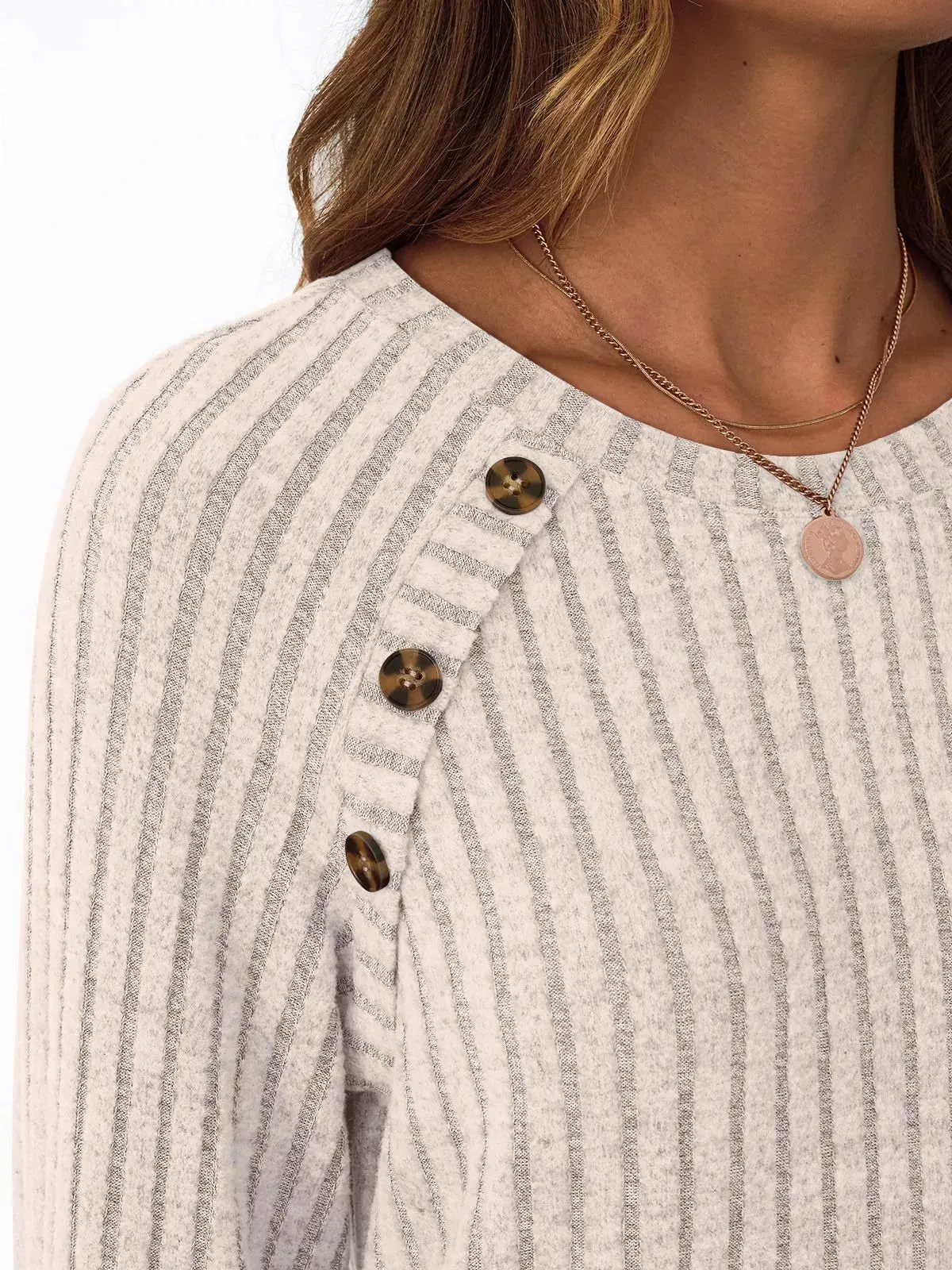 Ribbed Knit Decor Button Long Sleeve T-Shirt sold by Charming Charlie product image thumbnail 3
