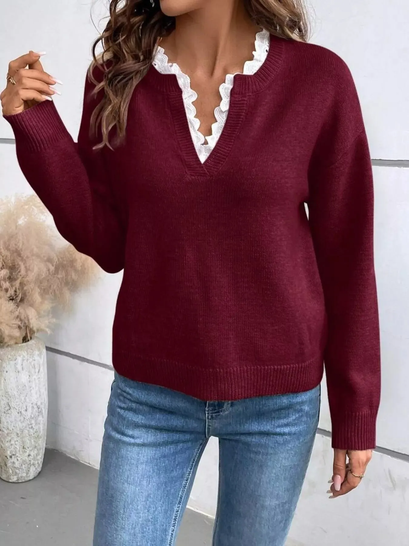 Lace Trim Notched Long Sleeve Sweater sold by Charming Charlie product image thumbnail 4
