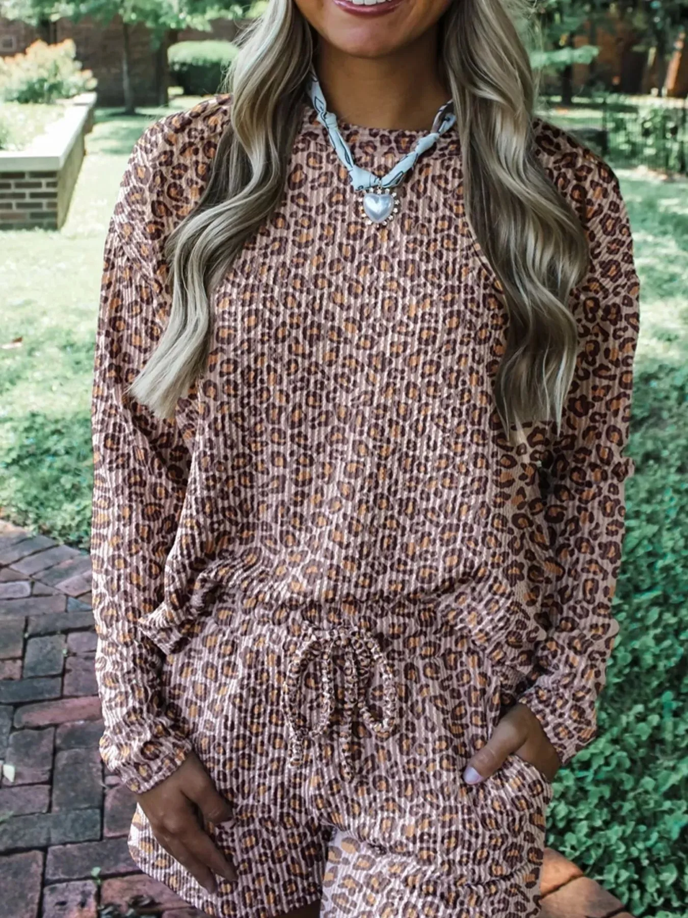 Leopard Ribbed Long Sleeve Top Drawstring Shorts 2pcs Outfit sold by Charming Charlie