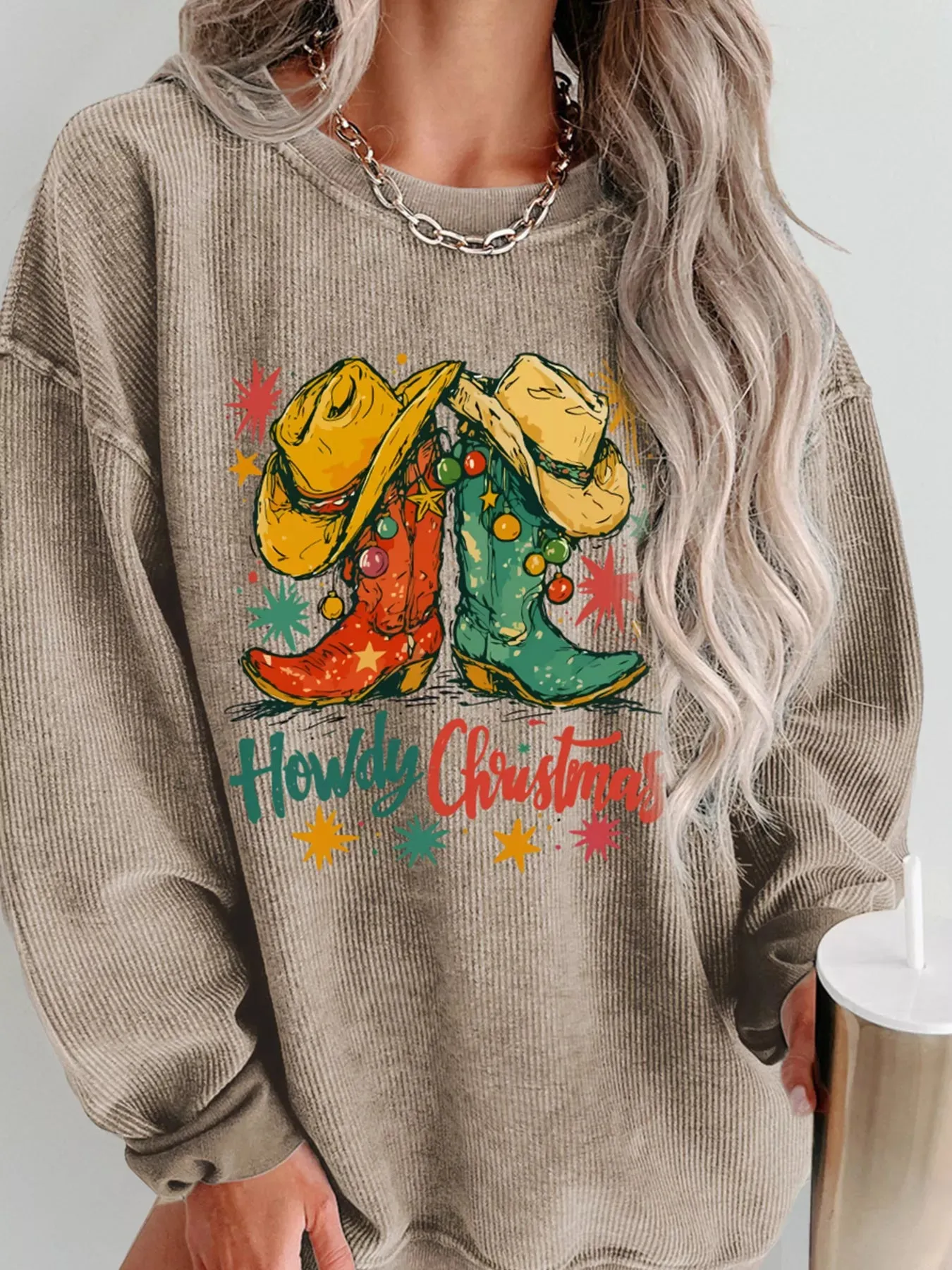 Howdy Christmas Cowboy Boots Graphic Corded Sweatshirt sold by Charming Charlie product image thumbnail 2