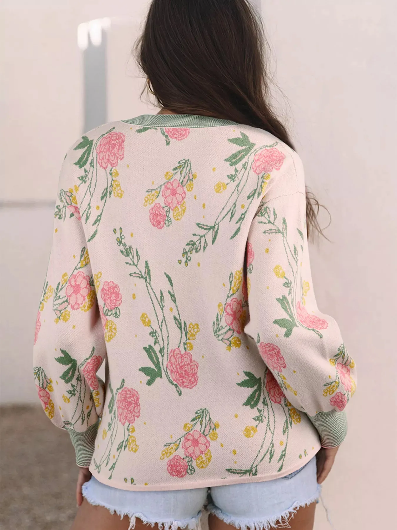 Floral Pattern Striped V Neck Loose Sweater sold by Charming Charlie product image thumbnail 2