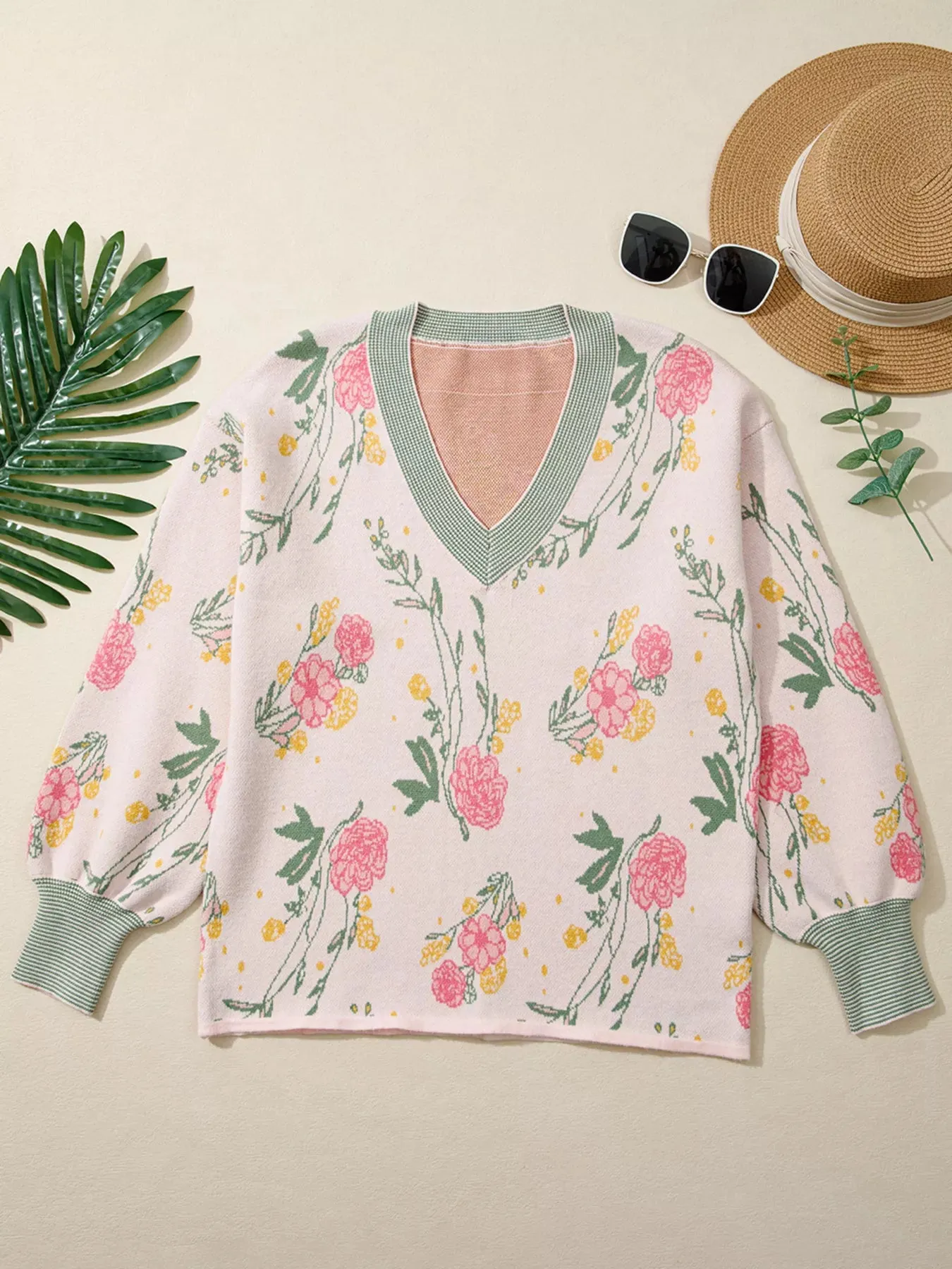 Floral Pattern Striped V Neck Loose Sweater sold by Charming Charlie product image thumbnail 3