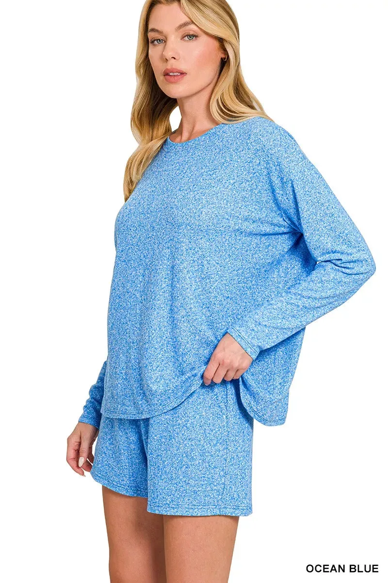 Zenana Soft Melange Long Sleeve Tee and Shorts Set sold by Charming Charlie