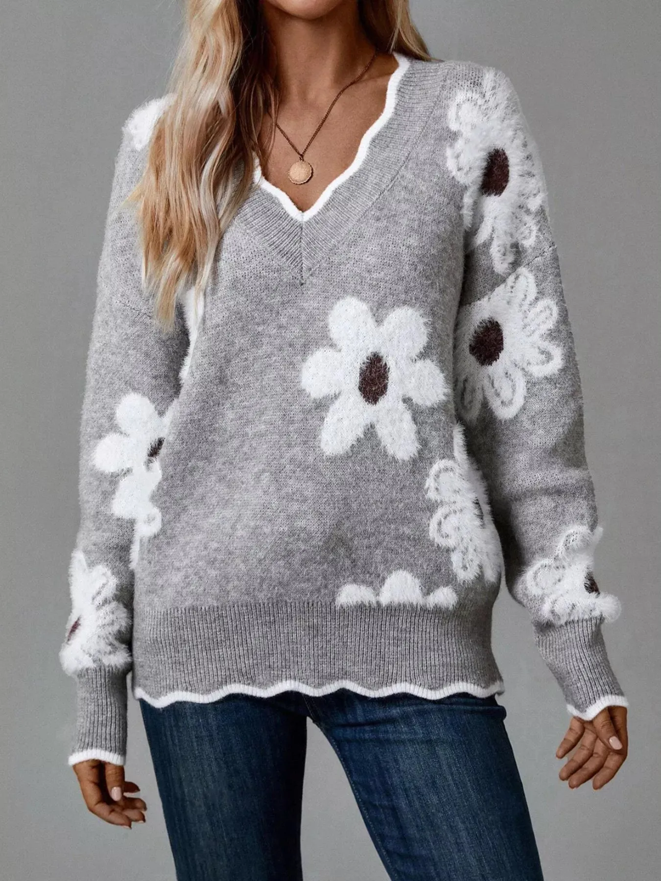 Floral V-Neck Long Sleeve Sweater sold by Charming Charlie product image thumbnail 4