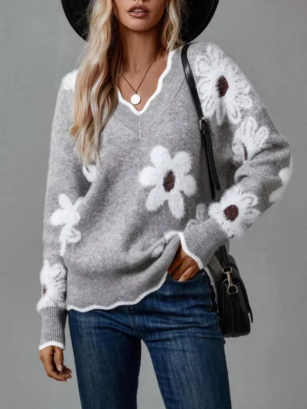 Floral V-Neck Long Sleeve Sweater sold by Charming Charlie
