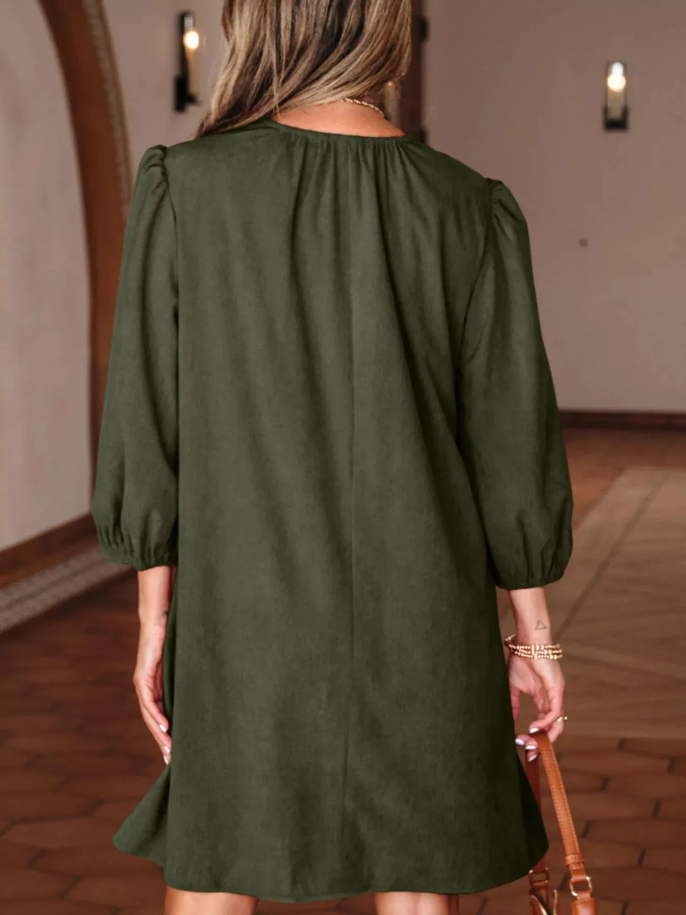 Bracelet Sleeve Split Neck Scallop Detail Pleated Corduroy Mini Dress sold by Charming Charlie product image thumbnail 2