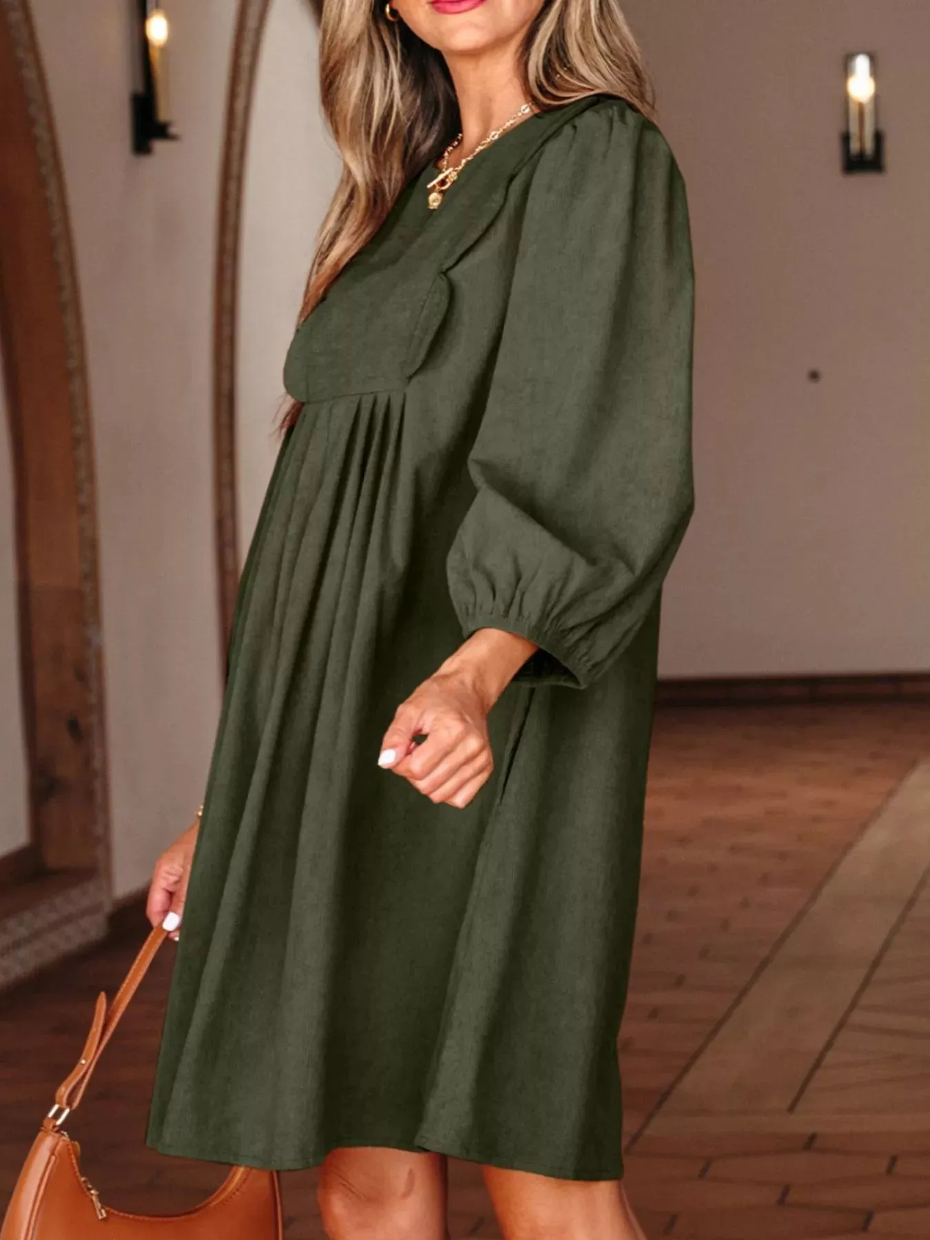 Bracelet Sleeve Split Neck Scallop Detail Pleated Corduroy Mini Dress sold by Charming Charlie product image thumbnail 4