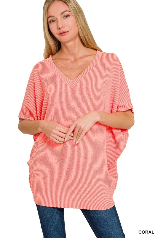 Zenana Raised Rib V-Neck Batwing Top sold by Charming Charlie