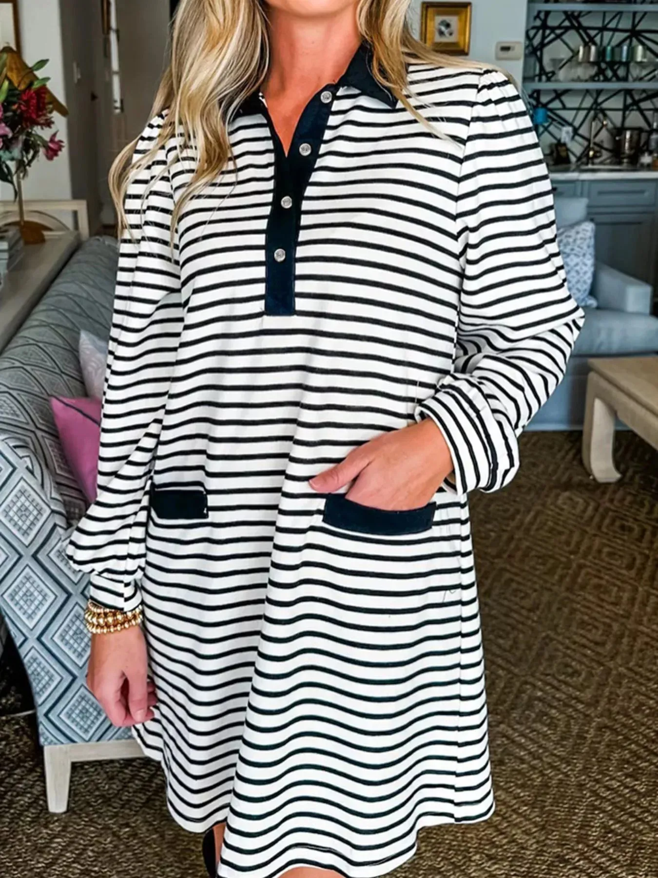 Stripe Buttoned Front Collared Long Sleeve T Shirt Dress with Pockets sold by Charming Charlie