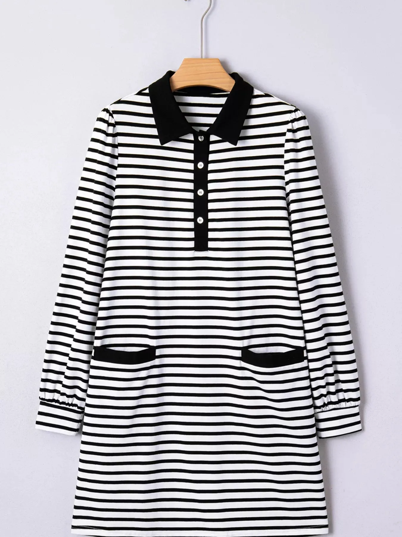 Stripe Buttoned Front Collared Long Sleeve T Shirt Dress with Pockets sold by Charming Charlie product image thumbnail 2