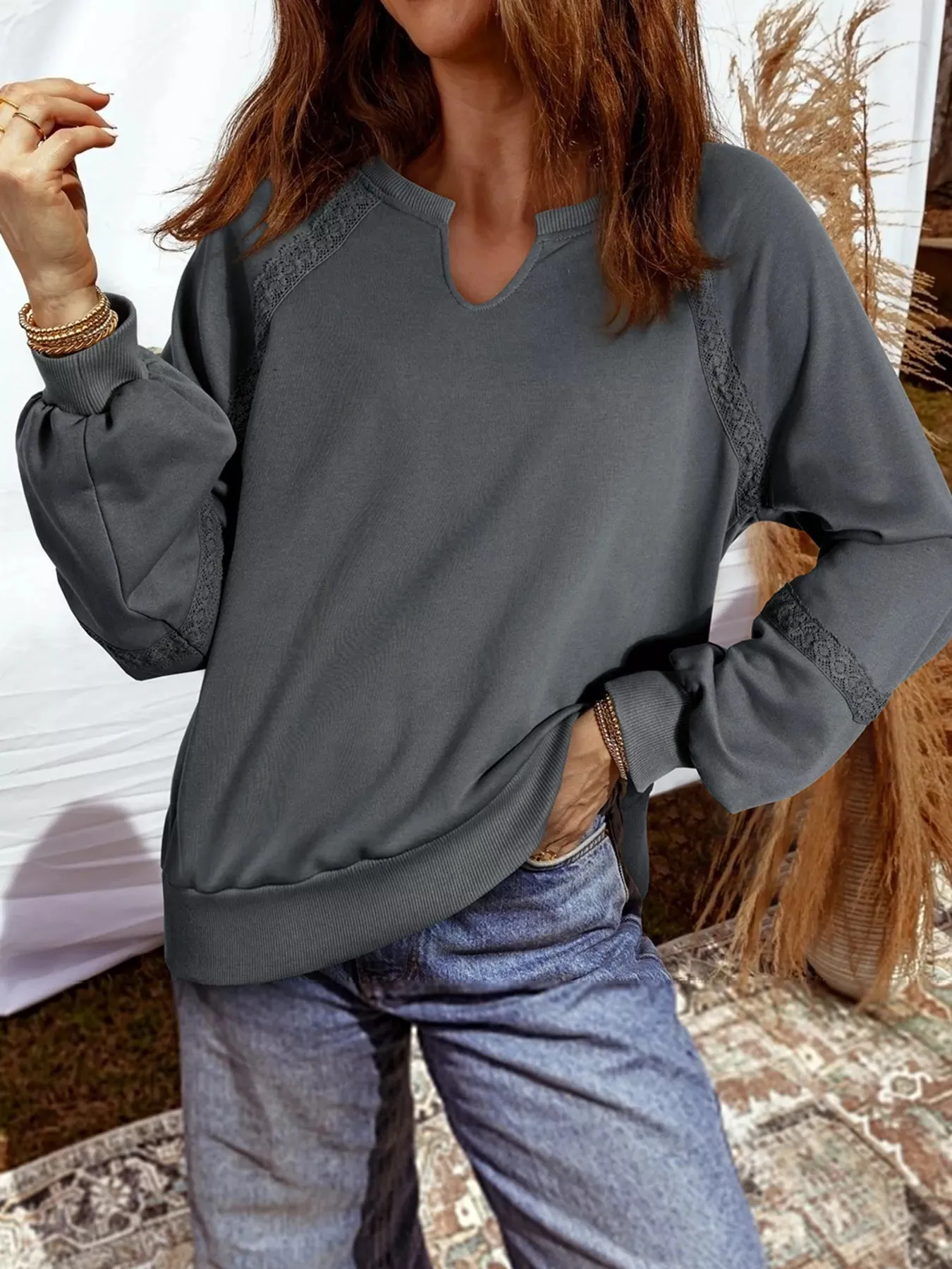 Lace Patchwork Detail Notched Mineral Wash Sweatshirt sold by Charming Charlie product image thumbnail 5