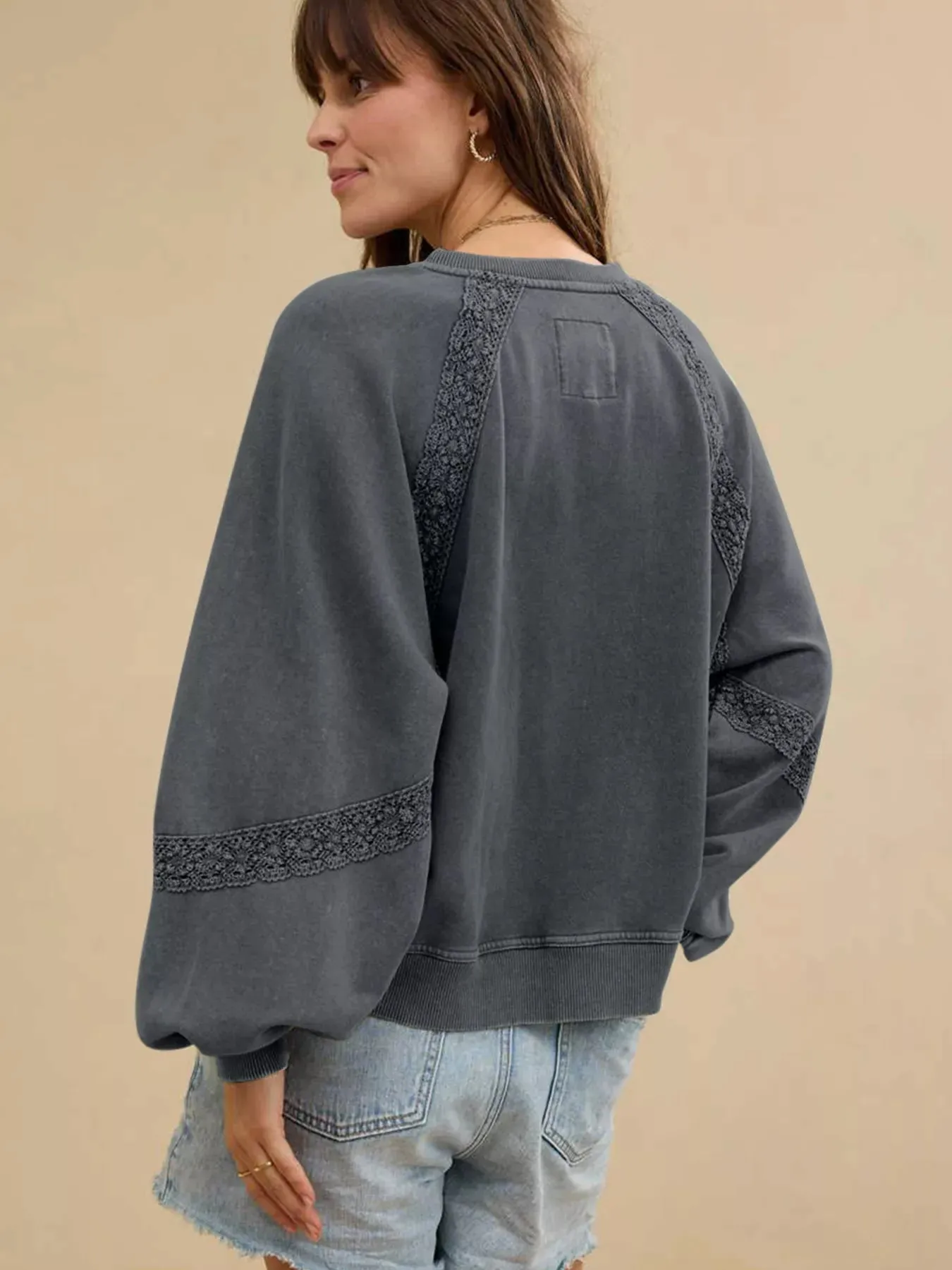 Lace Patchwork Detail Notched Mineral Wash Sweatshirt sold by Charming Charlie product image thumbnail 2